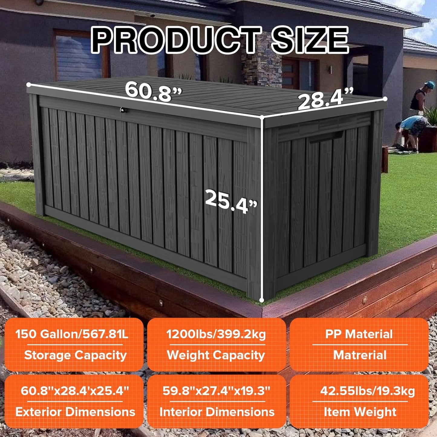 150 Gallon Double-Wall Resin Deck Box - Lockable Waterproof Outdoor Storage Box, 1000lbs Capacity & Doubles as Seating for Patio Furniture - Garden Tools, Pool Accessories (Black)-VerdiqueGarden