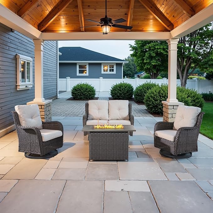 4 Piece Patio Furniture Set with Fire Pit Table - 41inch 50000 BTU Propane Fire Pit Table with High Back Loveseat Glider Chair and 2 Swivel Rocker Chair for Casual Gathering-VerdiqueGarden