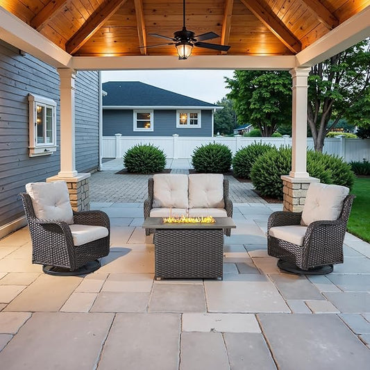 4 Piece Patio Furniture Set with Fire Pit Table - 41inch 50000 BTU Propane Fire Pit Table with High Back Loveseat Glider Chair and 2 Swivel Rocker Chair for Casual Gathering-VerdiqueGarden