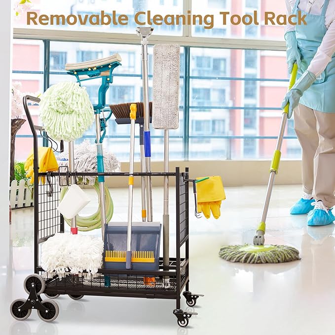 Lauren&Harold Garden Tool Organizer for Garage, Yard Tools Storage Rack with 2 Stair-Climbing Wheels, Gardening Tool Storage Holder for Garage, Yard, Lawn and Outdoor, Garden Tool Rolling Cart-VerdiqueGarden