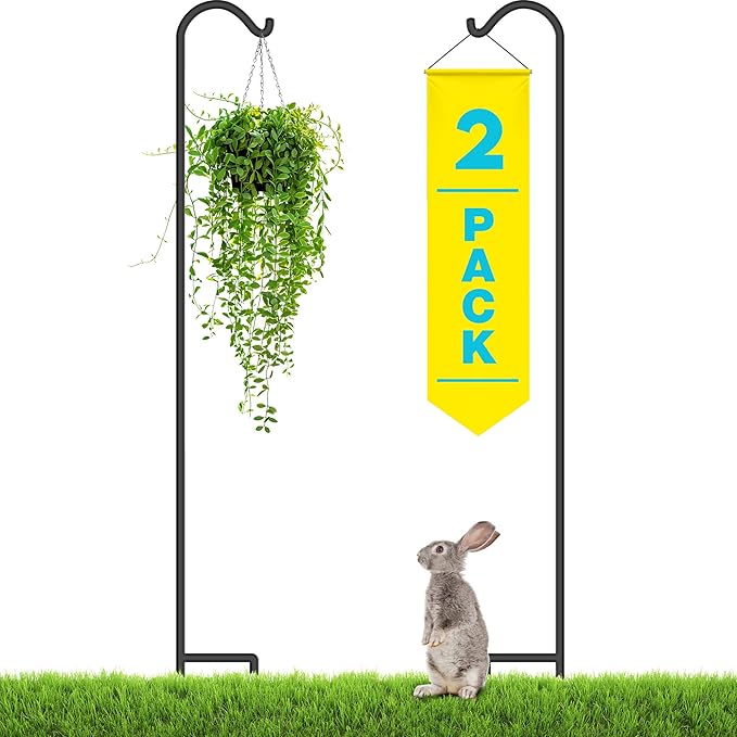 Gray Bunny 92" Shepherds Hooks for Outdoor 2 Pack, Thick Bird Feeder Pole, Hanging Plant Stand, Shepherds Hook for Bird Feeder, Non-Hollow, Non-Adjustable, Extra Long Base Prongs-VerdiqueGarden