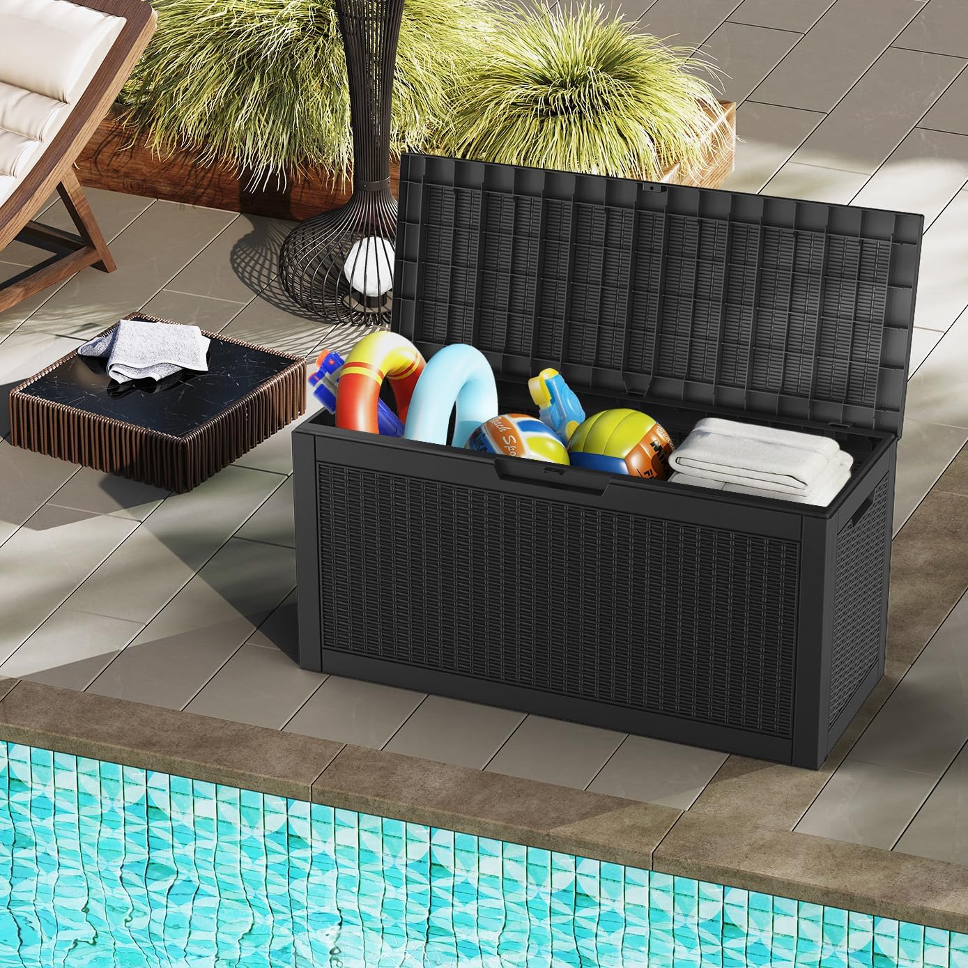 Mars Villa 60 Gallon Deck Box, Outdoor Storage Box Waterproof, Outside Resin Storage Bin for Outdoor Patio Furniture Cushions, Pool Supplies, Garden Tools, UV-Resistant and Weatherproof, Rattan Black-VerdiqueGarden