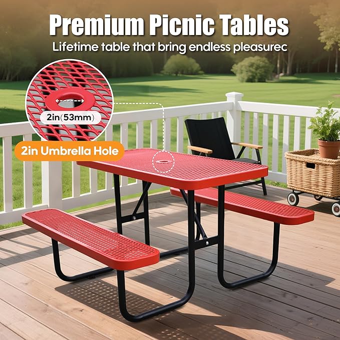 4FT Metal Picnic Tables for Outdoors, Commercial Rectangular Picnic Table and Bench Set for Outside, Patio, Garden, Backyard, Porch, Surface Mount, Red-VerdiqueGarden