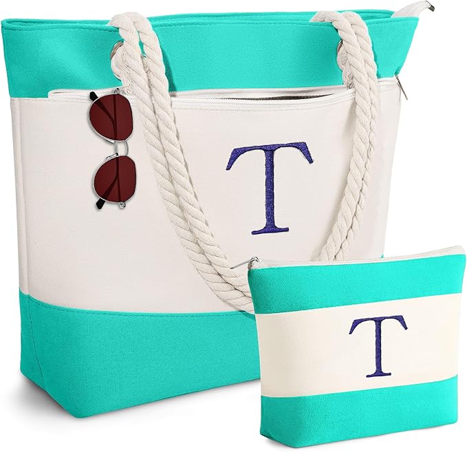 YOOLIFE Beach Bags for Women - Initial Tote Waterproof Bag with Makeup Bag, Mothers Day Gifts for Women Mom Friend Birthday-VerdiqueGarden