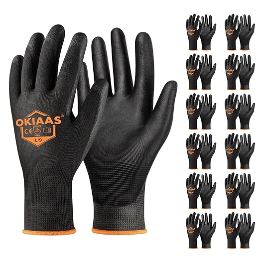 OKIAAS Work Gloves for Men,Ultra Thin and Lightweight Working Gloves with Grip,12 Pairs Bulk Pack Construction Gloves with Polyurethane Coating,Safety Gloves for Light Duty Work (Black, Large)-VerdiqueGarden