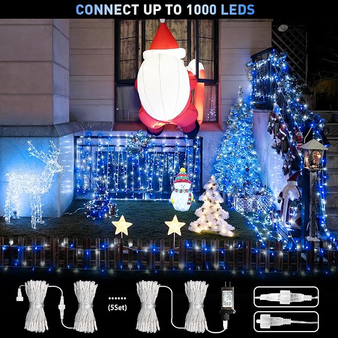 JMEXSUSS Blue and White String Lights Outdoor Indoor, 200 LED Christmas String Lights Clear Wire, 66ft Christmas Lights Plug in for Bedroom Tree Room Party Decorations-VerdiqueGarden