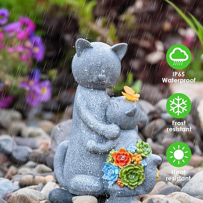 Solar Garden Statues Loving Cat Figurine Lights for Outside, Yard Decorations Outdoor, Garden Christmas Decor Unique Birthday Housewarming Gifts for Mom, Women-VerdiqueGarden