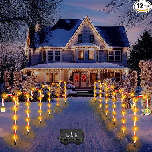 12 Pcs Christmas Candy Cane Lights Outdoor Christmas Decorations Battery Operated Candy Cane Pathway Markers Light 84 LED Candy Cane Stake Waterproof with 8 Modes for Yard Garden Lawn Tree Decor-VerdiqueGarden