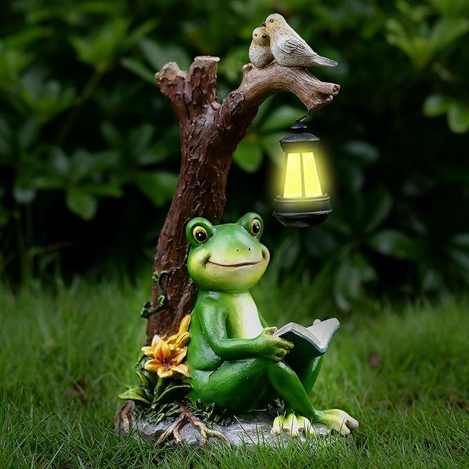 Outdoor Funny Frog Statue, Resin Reading Frogs Garden Decor, Solar Frog Gift Sculpture Decoration for Home Patio, Yard, Lawn, Porch, Ornament-VerdiqueGarden