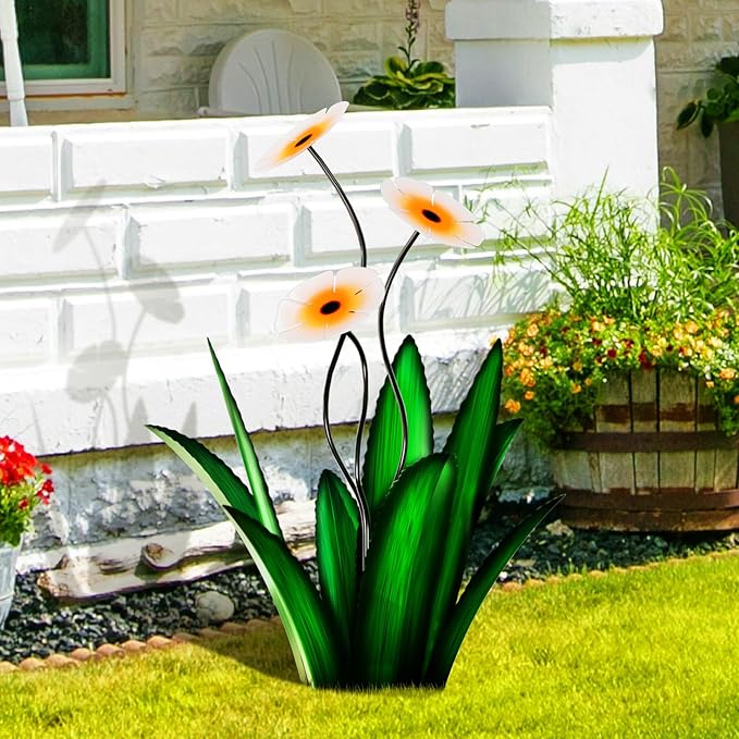 Upgraded Large Metal Yard Art, Metal Agave Plant Yard Decorations Outdoor Sculpture, Metal Flowers for Outside, Waterproof Outdoor Garden Decor (Green + White Flower)-VerdiqueGarden