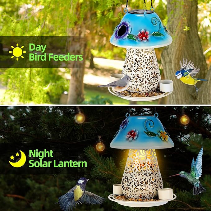 Mushroom Solar Bird Feeders for Outdoors Hanging Metal Wild Bird Feeder Garden Lantern with S Hook for Garden Decoration Blue-VerdiqueGarden