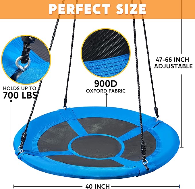 TURFEE 40" Saucer Tree Swing Set - 900Lb Weight Capacity, 900D Oxford Waterproof, with Hanging Straps Swings for Kids Playground Outdoor Activity Backyard Daily Exercise Fun(Blue)-VerdiqueGarden