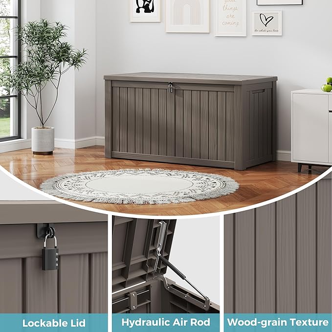 KAMABOKO Outdoor Storage Box, 150 Gallon Large Outdoor Resin Deck Box, Storage Waterproof Boxes Lockable Lid for Garden Tools, Pool Supplies, Patio Furniture and Cushions, Grey-VerdiqueGarden