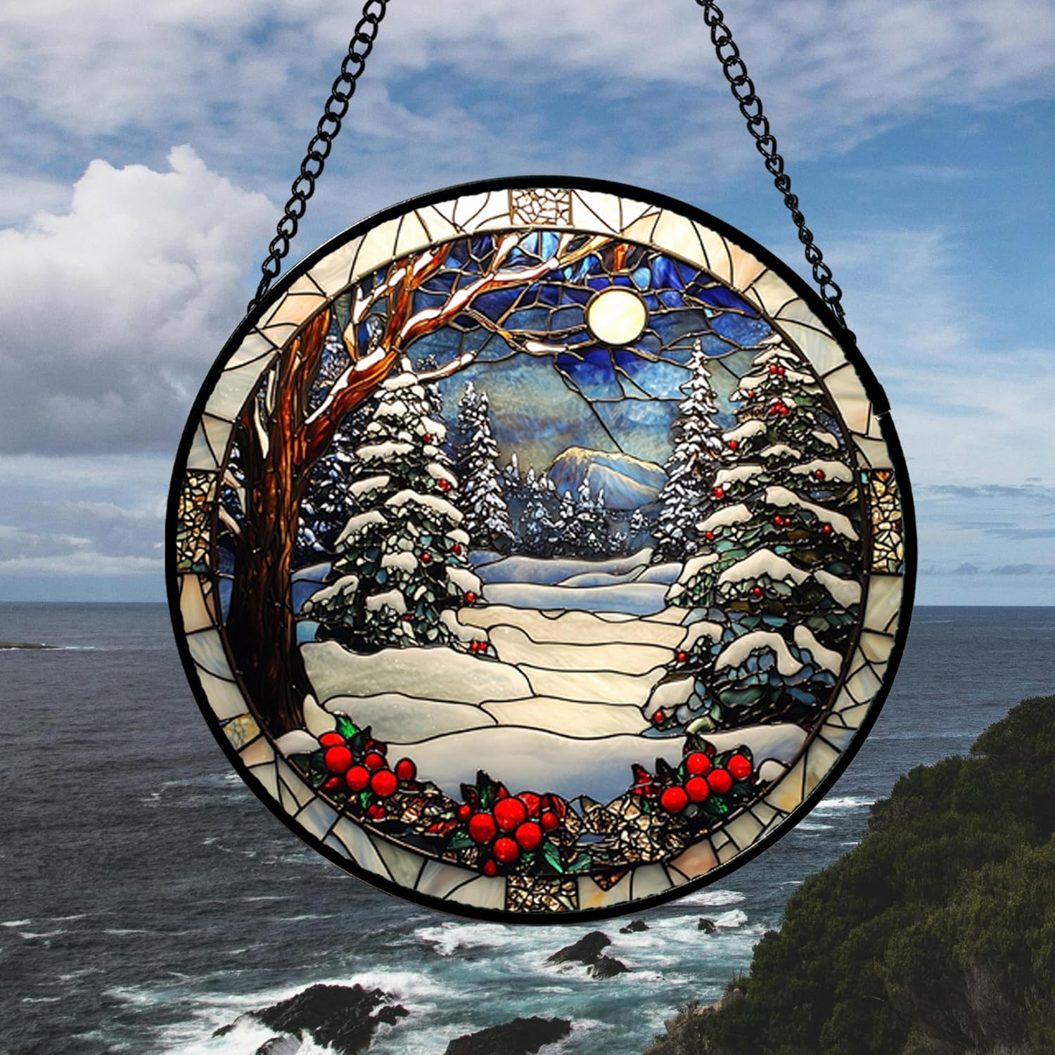 Stained Glass Window Hanging Christmas Tree Winter Snow Night Scenery Large 14.9" - Suncatcher Door Garden Kitchen Sun Catcher Home Decor Birthday for Mom Men Woman Friend-VerdiqueGarden