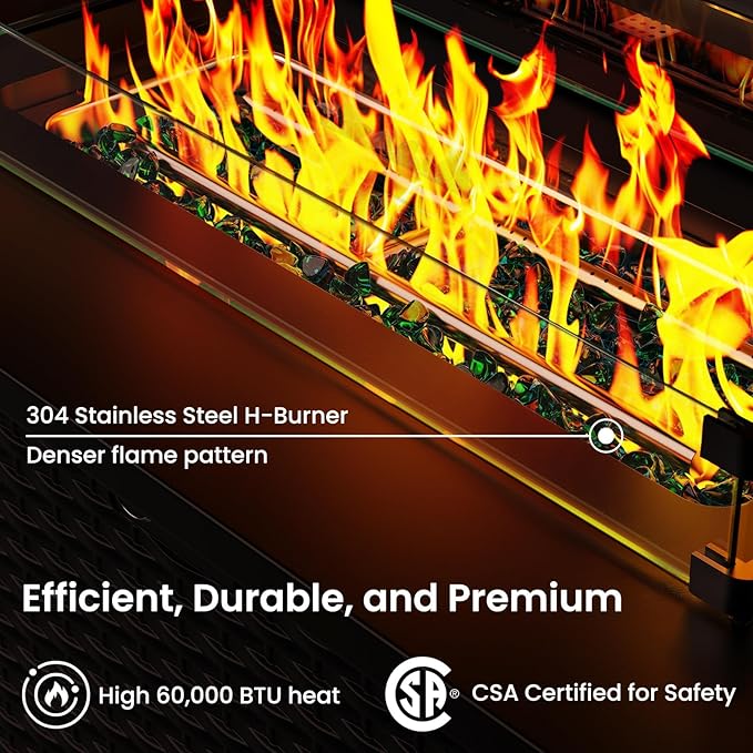 Ciays 43-Inch Rectangular Propane Fire Pit with 60,000 BTU Output, Fire Pit Table Premium Gas for Outside Patio with 304 Stainless Steel H-Burner, Glass Stones, and Wind Guard,Black-VerdiqueGarden