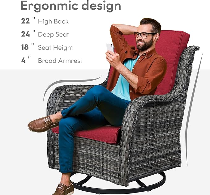 5 Pieces Patio Furniture Sets Wicker Outdoor Furniture, Rattan Patio Swivel Glider Chairs with 2 Ottoman and Glass Side Table-VerdiqueGarden