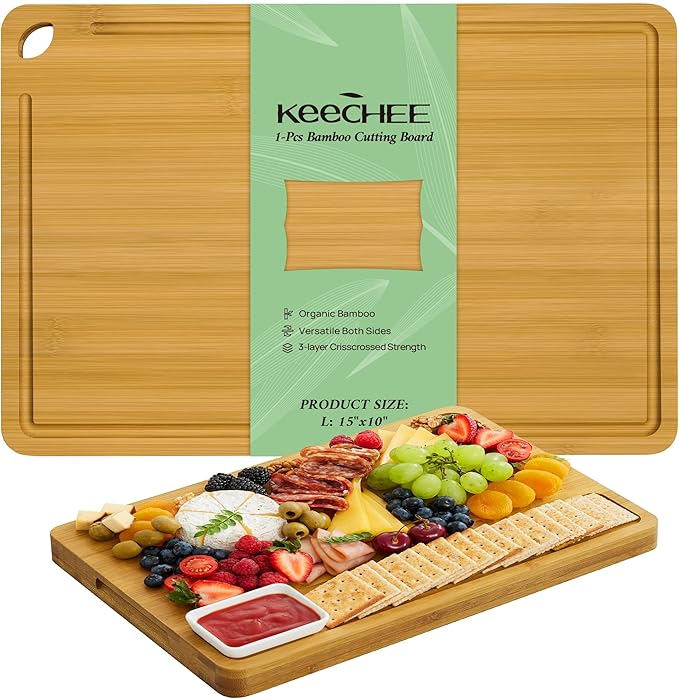 Cutting Board For Kitchen Natural Bamboo With Smooth Finish & Deep Juice Groove – L (15x10) – Great For Slicing, Serving-VerdiqueGarden