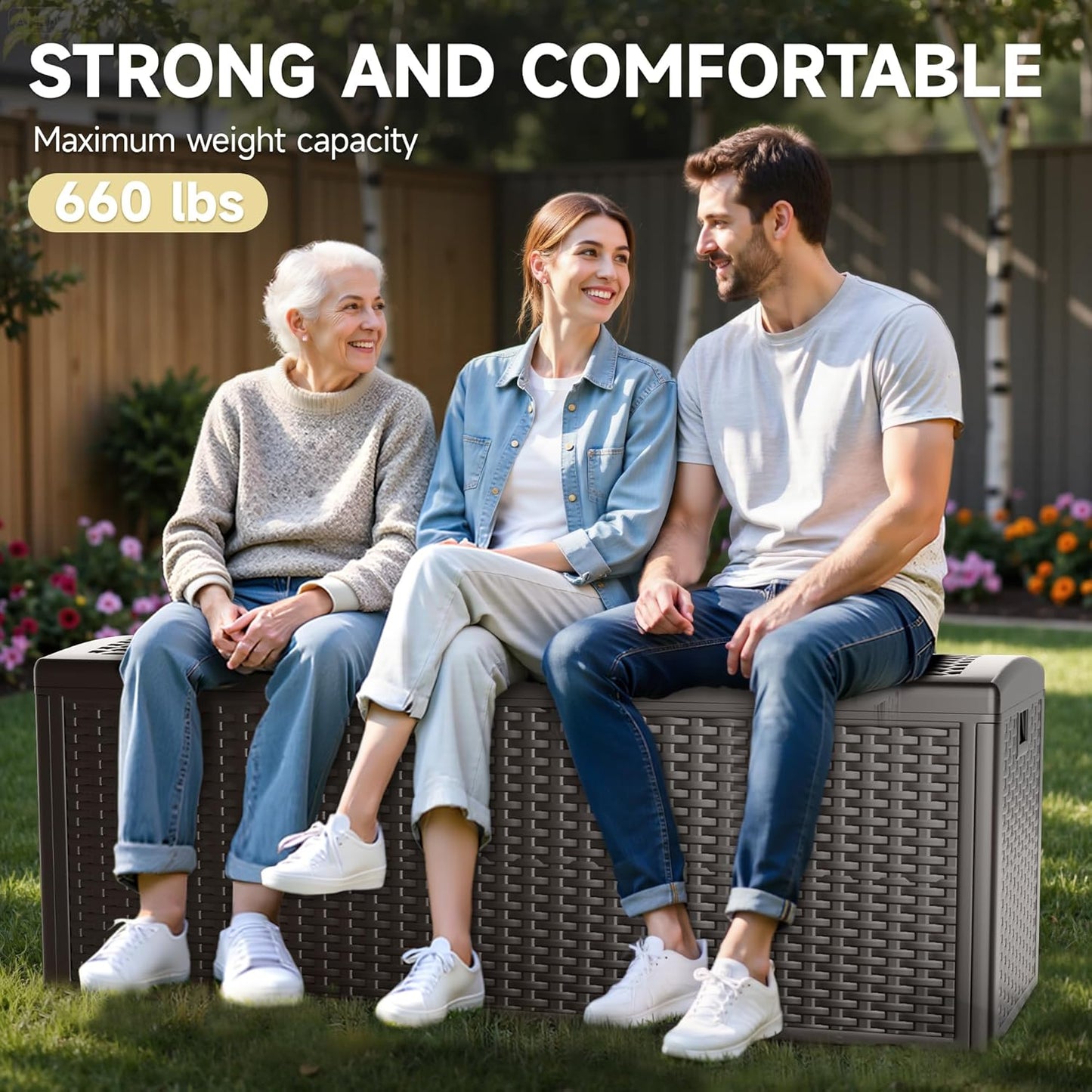 150 Gallon Deck Box, Double Layer Waterproof Resin Outdoor Indoor Storage Box, Lockable & UV Resistant Storage Bin for Patio Furniture, Garden Tools, Pool Accessories (Brown)-VerdiqueGarden