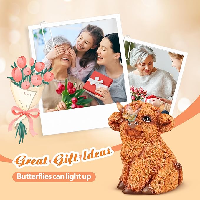 Highland Cow Solar Powered Outdoor Garden Statue, Resin Highland Cow Statue with Solar Light Lantern, Decorative Lawn, Yard Outdoor Highland Cow Decor. Unique home decorations, gifts for women-VerdiqueGarden