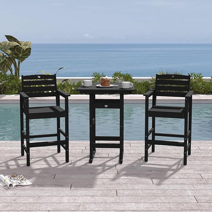 Tall Adirondack Chairs Set of 4, HDPE Wood Balcony Adirondack Chairs Set with Heart Cutout Design, Weather-Resistant Bar Height Furniture for Deck, Porch, Pool (Black)-VerdiqueGarden