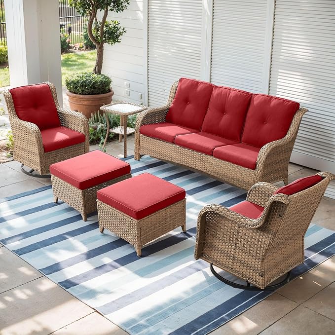 Outdoor Wicker Patio Furniture Set - 6 Piece Rattan Patio Conversation Set with 2 Rocking Swivel Chairs,2 Ottomans,1 Sofa and 1 Side Table for Porch Deck Backyard Garden(Yellow/Red)-VerdiqueGarden