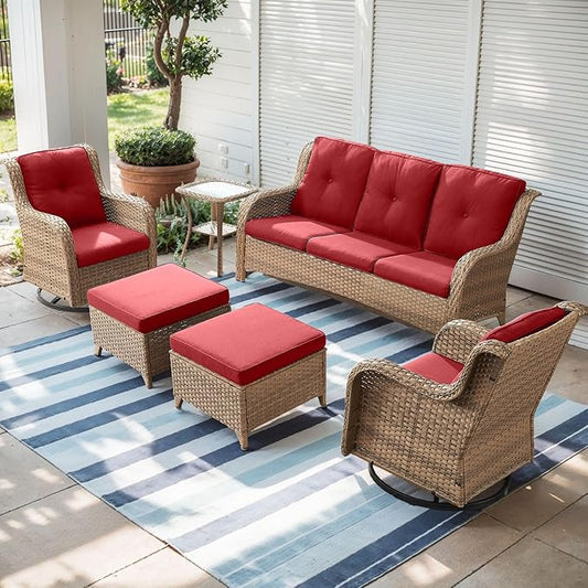 Outdoor Wicker Patio Furniture Set - 6 Piece Rattan Patio Conversation Set with 2 Rocking Swivel Chairs,2 Ottomans,1 Sofa and 1 Side Table for Porch Deck Backyard Garden(Yellow/Red)-VerdiqueGarden