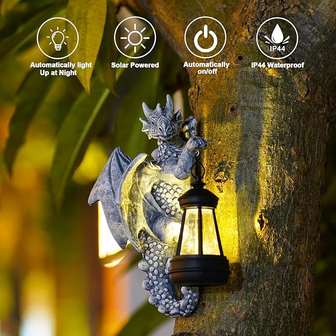 Goodeco Dragon Tree Hugger Solar Lantern Garden Statue - 9.3 Inch Resin Dragon Decor for Outdoor, Perfect Garden Gift & Yard Decor-VerdiqueGarden