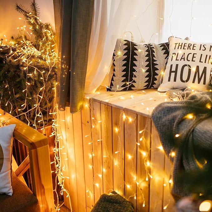 KNONEW Christmas String Lights Indoor Plug in,50FT 150LED Outdoor Waterproof Fairy Lights,8 Lighting Modes,Timer Memory Function for Bedroom Patio Balcony Party (Warm White)-VerdiqueGarden