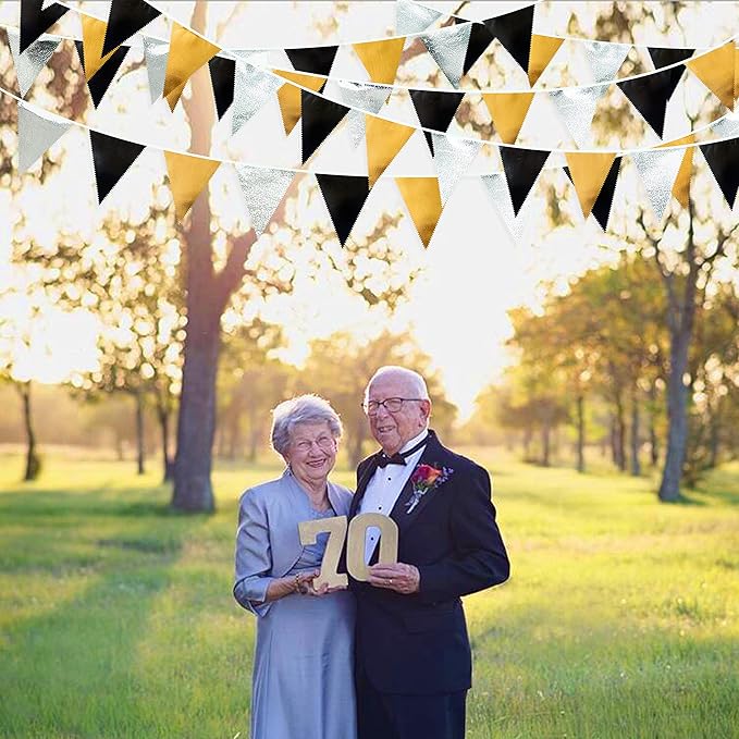 Black Gold Silver Party Decoration Triangle Pennant Banner Flag Metallic Fabric Bunting Garland for Birthday Graduation Anniversary Wedding Bridal Shower Bachelorette Engagement Disco Party Supplies-VerdiqueGarden