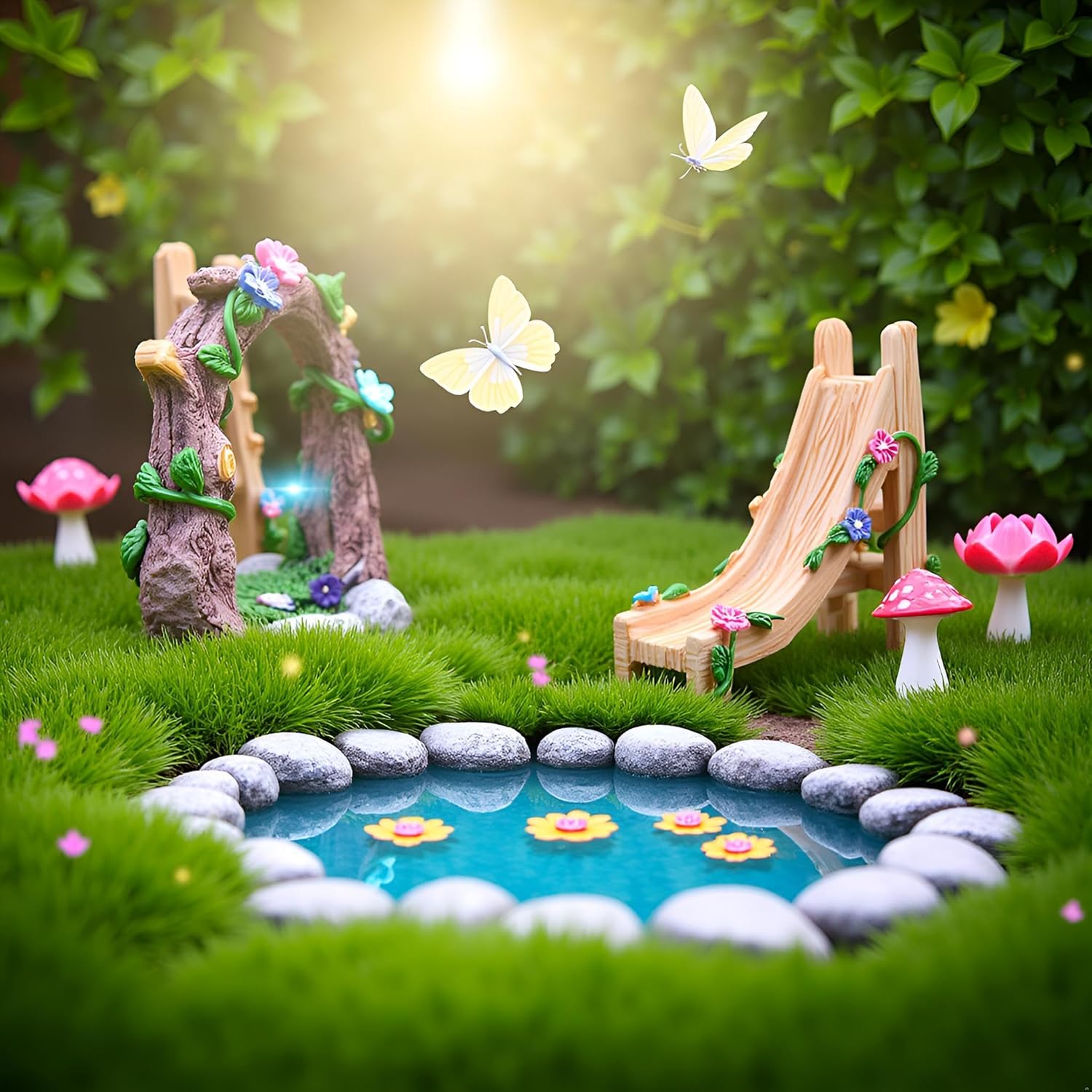 Kai Dream Miniature Fairy Garden Accessories Set, 2 Piece Resin Decorative Landscape Kit with Arch and Slide, Floral Garden Ornaments-VerdiqueGarden