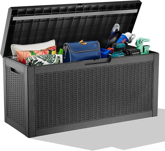 60 Gallon Resin Deck Box, Lockable Outdoor Storage Box for Patio Cushions Storage Furniture,Garden Tools, Pool Supplies, Weatherproof and UV Resistant（Black Rattan）-VerdiqueGarden
