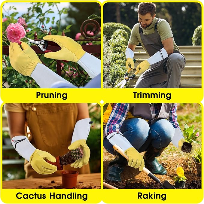 HANDLANDY Rose Gloves for Men & Women, Long Leather Gardening Gloves Thorn Proof, Best Garden Gifts & Tools for Gardener (Yellow-beige, X-Large (Pack of 1))-VerdiqueGarden
