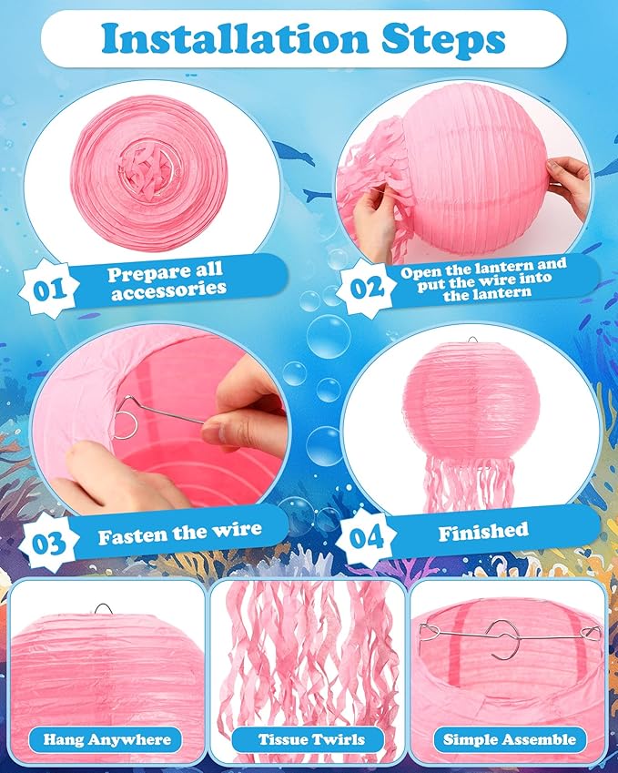 18 Pcs Jellyfish Paper Lanterns Mermaid Birthday Decorations Hanging Lantern Lamps for Ocean Theme Decor Under The Sea Party Supplies-VerdiqueGarden