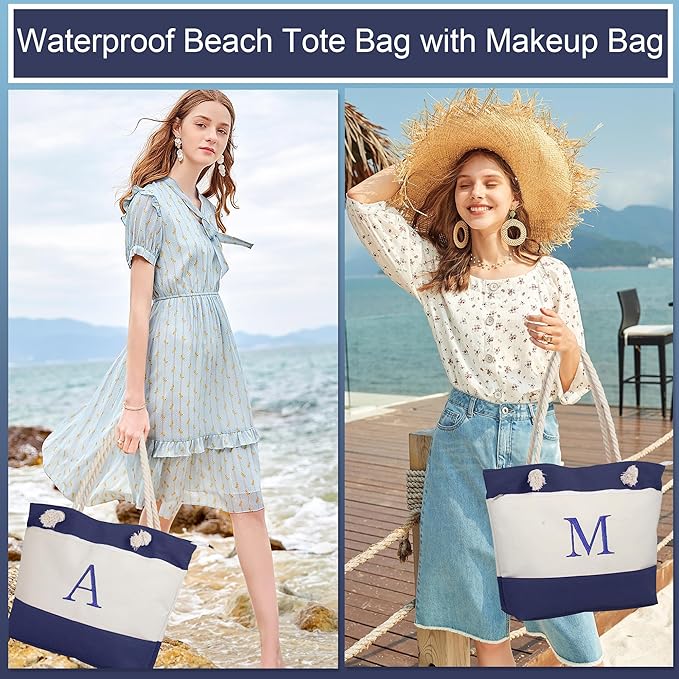 YOOLIFE Beach Bags for Women - Initial Tote Waterproof Bag with Makeup Bag, Mothers Day Gifts for Women Mom Friend Birthday-VerdiqueGarden