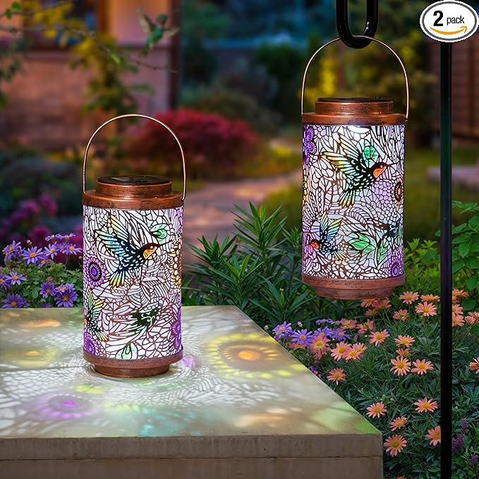 2Pack Solar Lanterns Outdoor Waterproof Hummingbird Gardening Gifts for Women, Multicolor Solar Lights Patio Lantern for Backyard Garden Decor, Porch, Outside, Mothers' Day Gifts for Mom Grandma-VerdiqueGarden
