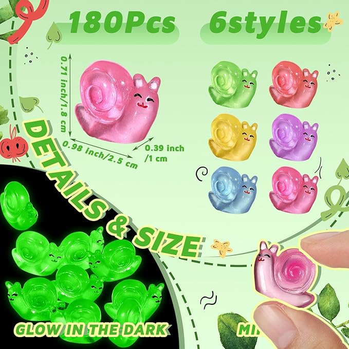 180 Pcs Luminous Resin Snail Miniatures Mini Animals Figures Cute Snail Figurine Fairy Decor Animal Ornament for Garden Landscape Home Accessories Craft Cake Decoration DIY-VerdiqueGarden