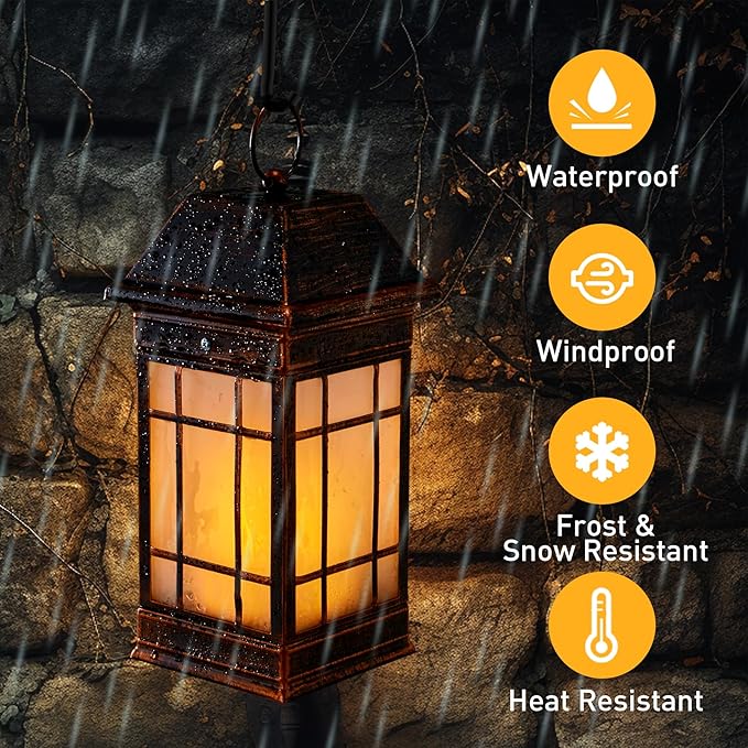 14" Solar Lantern Outdoor Waterproof, Glass Flickering Flame Solar Lanterns, Hanging Metal Lantern Decorative for Patio Front Porch Garden Backyard Tabletop Mothers Day Gifts Mom-VerdiqueGarden