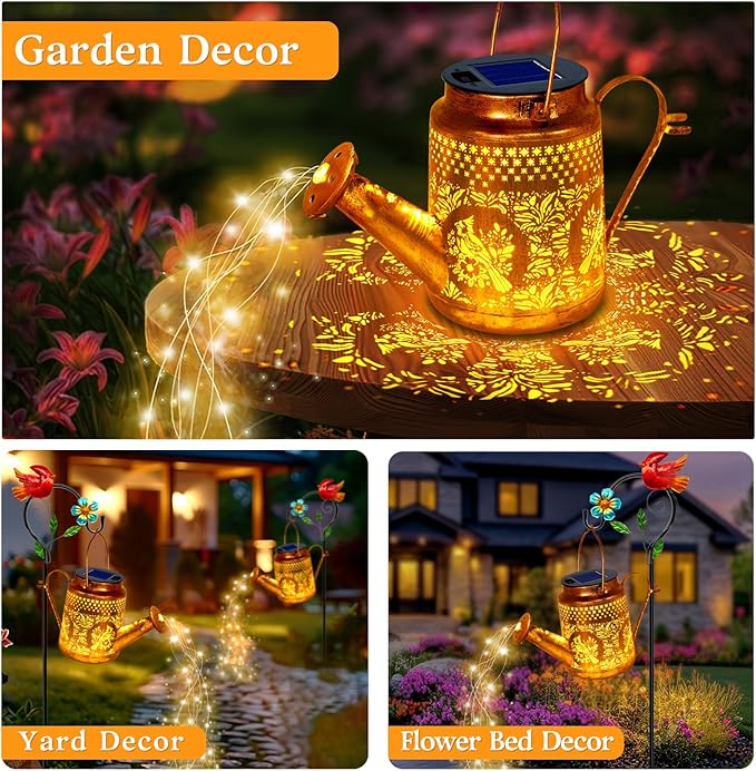 Solar Lights Outdoor Garden Decor, Cardinals Hanging Waterproof Watering Can Lights Outside Decorations for Yard Front Porch Patio Backyard Gift for Mom Grandma Women Birthday （with Shepherd Hook）-VerdiqueGarden