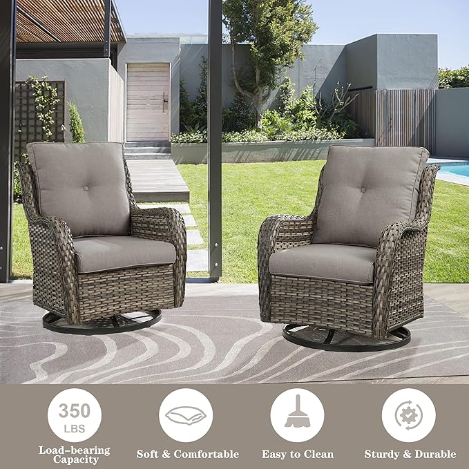 Outdoor Swivel Rcoker Patio Chairs - Outdoor Swivel Patio Chairs Set of 2 Wicker Chair Patio Furniture Sets with Covered Cushion for Porch Deck Balcony Garden, Gray-VerdiqueGarden