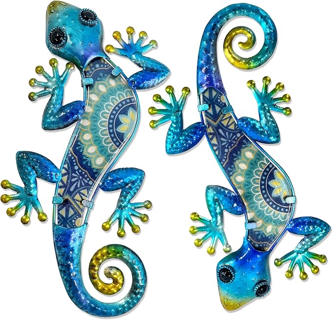 HONGLAND Metal Gecko Wall Art 2Pcs Outdoor Wall Decor Lizard Metal Hanging Wall Decoration Glass Sculpture for Garden Yard Patio Fence Home (Blue)-VerdiqueGarden