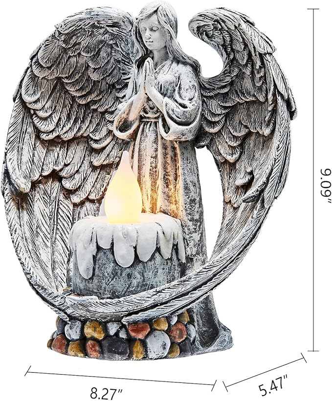 Angel Garden Statues Outdoor Cemetery Decorations for Grave Take The Cross Praying Wings Angel Figurine Cemetery Lights Patio Lawn Yard Porch Decorations 10.24 Inch-VerdiqueGarden