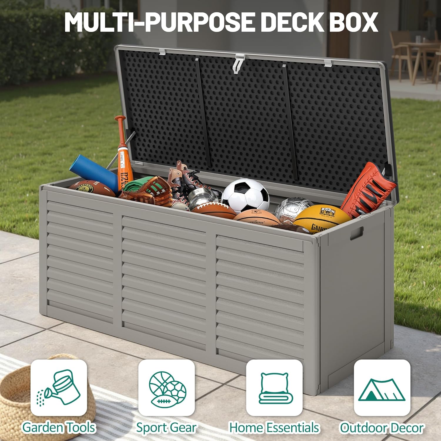 130 Gallon Deck Box Outdoor Waterproof Storage Box Lockable Resin Outdoor Storage Box for Garden Tools Patio Cushions UV-Resistant & Easy Assembled (Gray)-VerdiqueGarden
