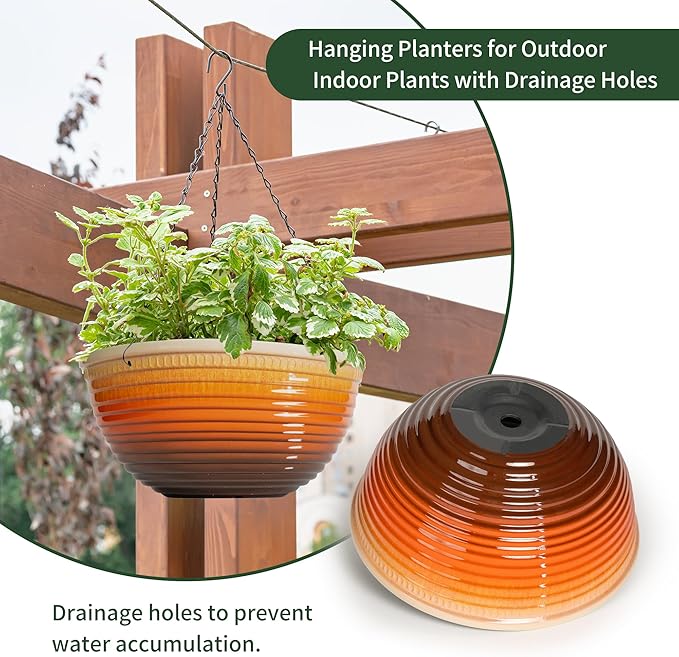 12 inch Hanging Planters for Indoor Outdoor Plants, 2 Pack Large Hanging Flower Pots with Drainage Holes and Chain, Glazed Hanging Baskets for Home Garden Decoration, Orange-VerdiqueGarden