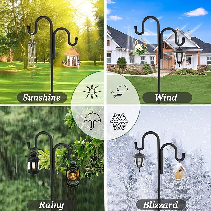 Double Shepherds Hooks for Outdoor, Bird Feeder Pole with 5 Prongs Base, Heavy Duty Garden Hook for Lantern, Wind Chime and Hummingbird Feeder, 76 Inch, 2 Pack-VerdiqueGarden