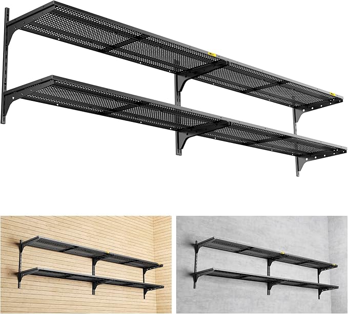 2-Pack 2 Tier 1.3x4ft Garage Shelving Wall Mounted, 800 lbs Load Capacity，15.6x48inch per Shelf Height Cassette Adjustable Floating Shelves(Black)-VerdiqueGarden