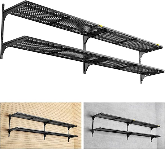 2-Pack 2 Tier 1.3x4ft Garage Shelving Wall Mounted, 800 lbs Load Capacity，15.6x48inch per Shelf Height Cassette Adjustable Floating Shelves(Black)-VerdiqueGarden