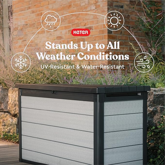 Keter Denali 200 Gallon Resin Large Deck Box with Double Wall 20mm Panels - Paintable and Drillable-Organization and Storage for Patio Furniture and Outdoor Items, Grey & Black-VerdiqueGarden