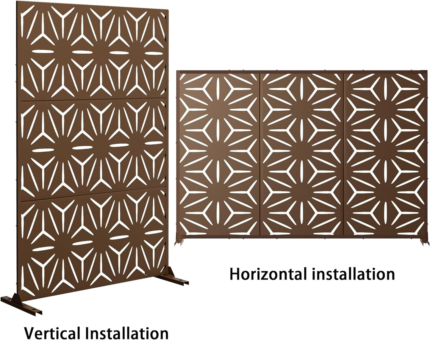 Metal Privacy Screen Outdoor 72" H×47" W,Freestanding Decorative Privacy Screen for Balcony Yard&Garden,Privacy Fence-Brown&Star-VerdiqueGarden