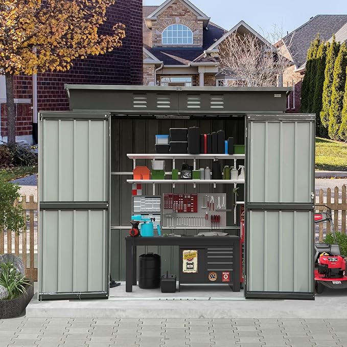 Domi Outdoor Storage Shed 6' x 4.5’, Metal Garden Shed with Galvanized Steel Frame for Bike, Tools, Lawn Mowers, Pool Toys, Outdoor Storage Cabinet with Lockable Door for Garden Lawn Patio (Dark Grey)-VerdiqueGarden