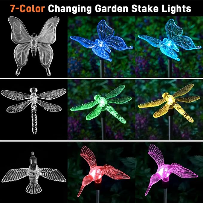Solar Pathway Lights - 3 Pack Solar Stake Lights Outdoor, Color Changing Solar Powered Halloween Decorative Landscape Lighting Hummingbird Butterfly Dragonfly for Patio Yard Pathway Lawn Walkway-VerdiqueGarden